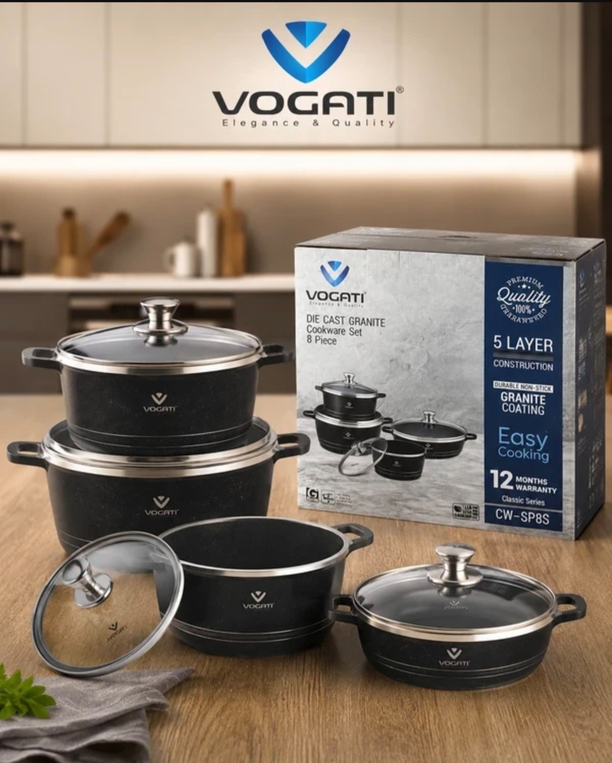 سرویس قابلمه گرانیتی ۸ پارچه ووگاتی اصلی (VOGATI) مدل CW-SP8S۱ پوشش نچسب ۵  لايه