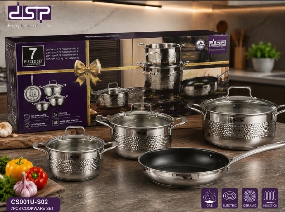 سرویس قابلمه ۷ پارچه استیل چکشی DSP اصلی مدل CS001U-S02 | استیل ضدزنگ، درب شیشه‌ای، مناسب انواع اجاق